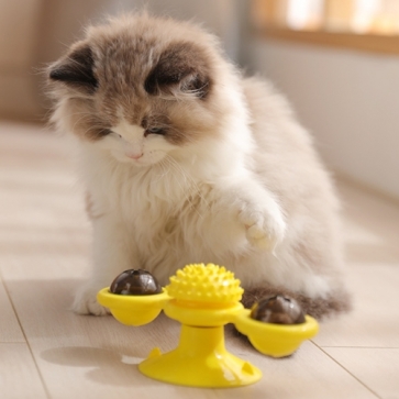 펫도매,[애구애구] 고양이 분리불안 해소 냥냥펀치 흡착형 캣닢 풍차 장난감 (옐로우)