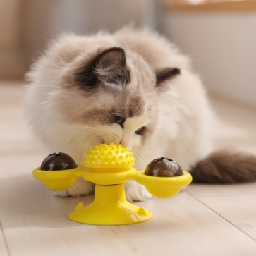 펫도매,[애구애구] 고양이 분리불안 해소 냥냥펀치 흡착형 캣닢 풍차 장난감 (옐로우)